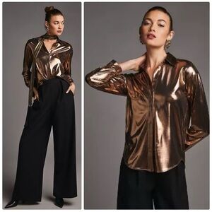 By Anthropologie Shine Gillian Liquid Shirt Metallic Gold  Button Up Down S